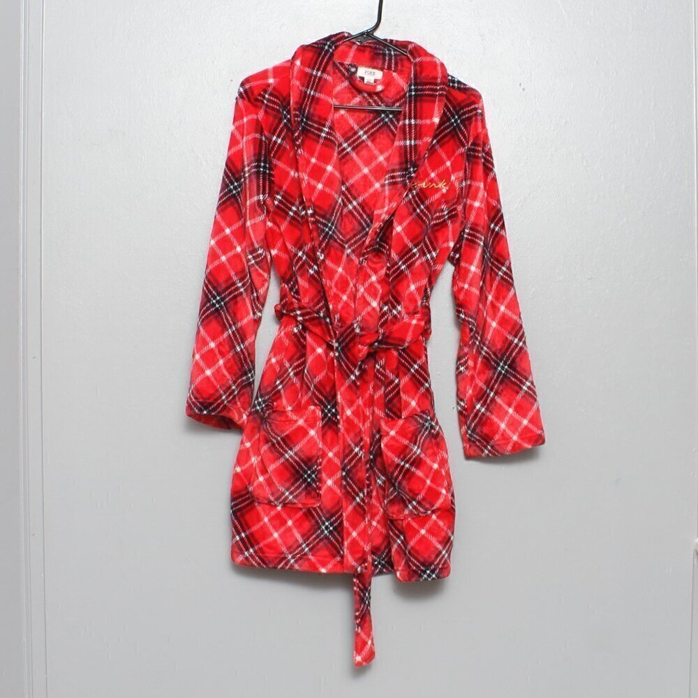 Victoria’s Secret PINK red black plaid gold embroidered holiday robe